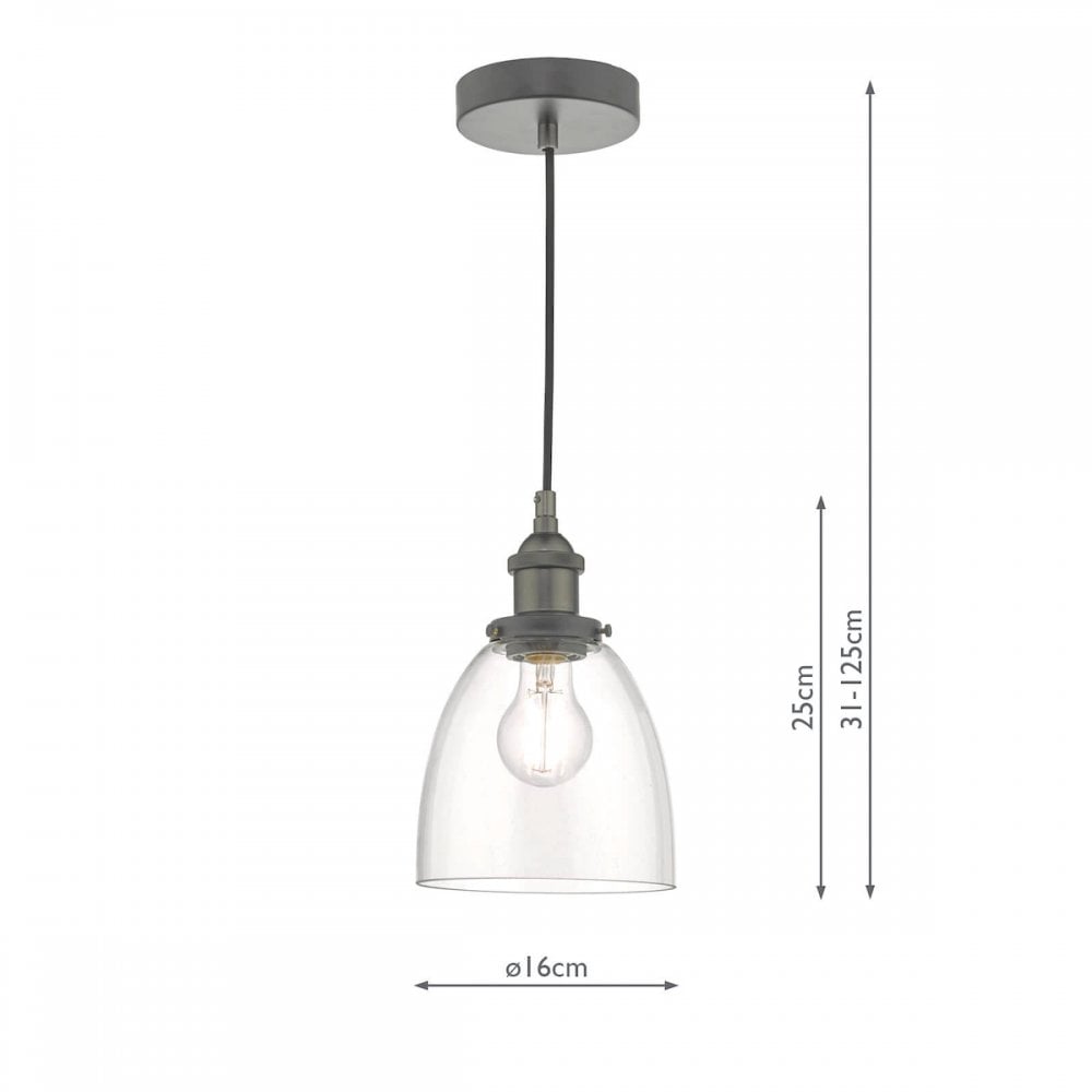 A pendant light with a bell-shaped glass shade and dimensions for height and diameter.