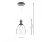 A pendant light with a bell-shaped glass shade and dimensions for height and diameter.