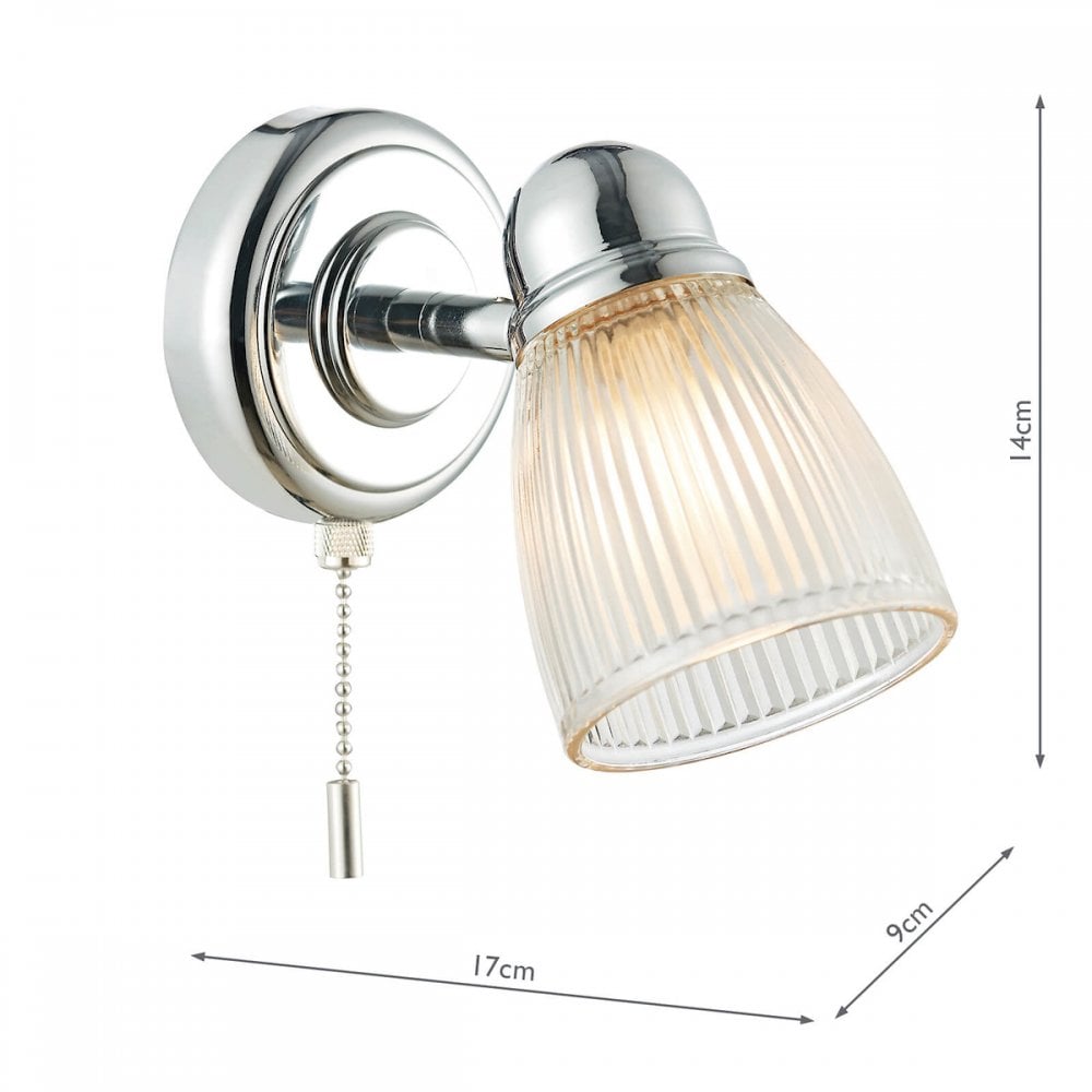 A chrome and clear ribbed glass wall light with pull cord, showing dimensions.