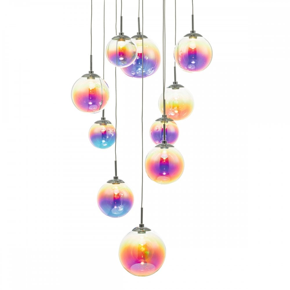Close-up of the iridescent glass spheres of the 12-light multi-pendant chandelier.