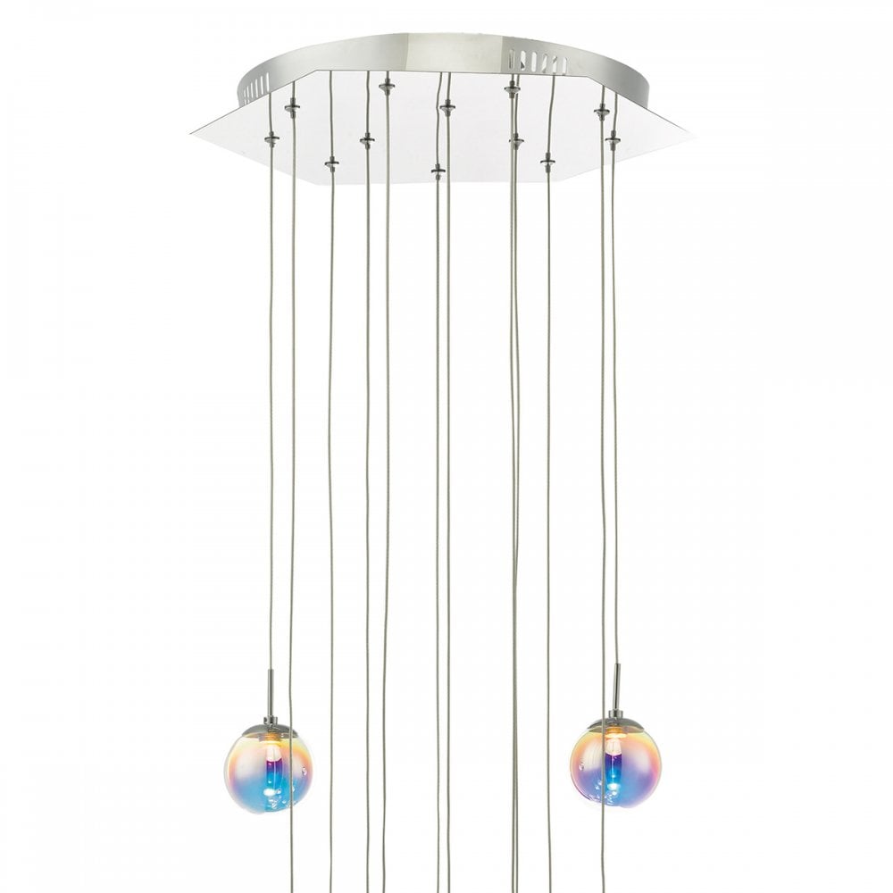Top view of the square ceiling rose and hanging wires of the multi-pendant chandelier.