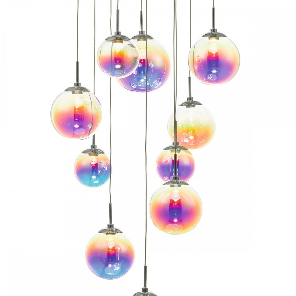 Detailed view of the colorful glass spheres of the 12-light multi-pendant chandelier.