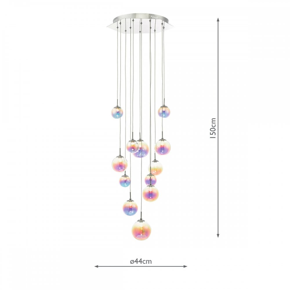 Dimensions of the 12-light multi-pendant chandelier, showing a 150cm drop and 44cm width.
