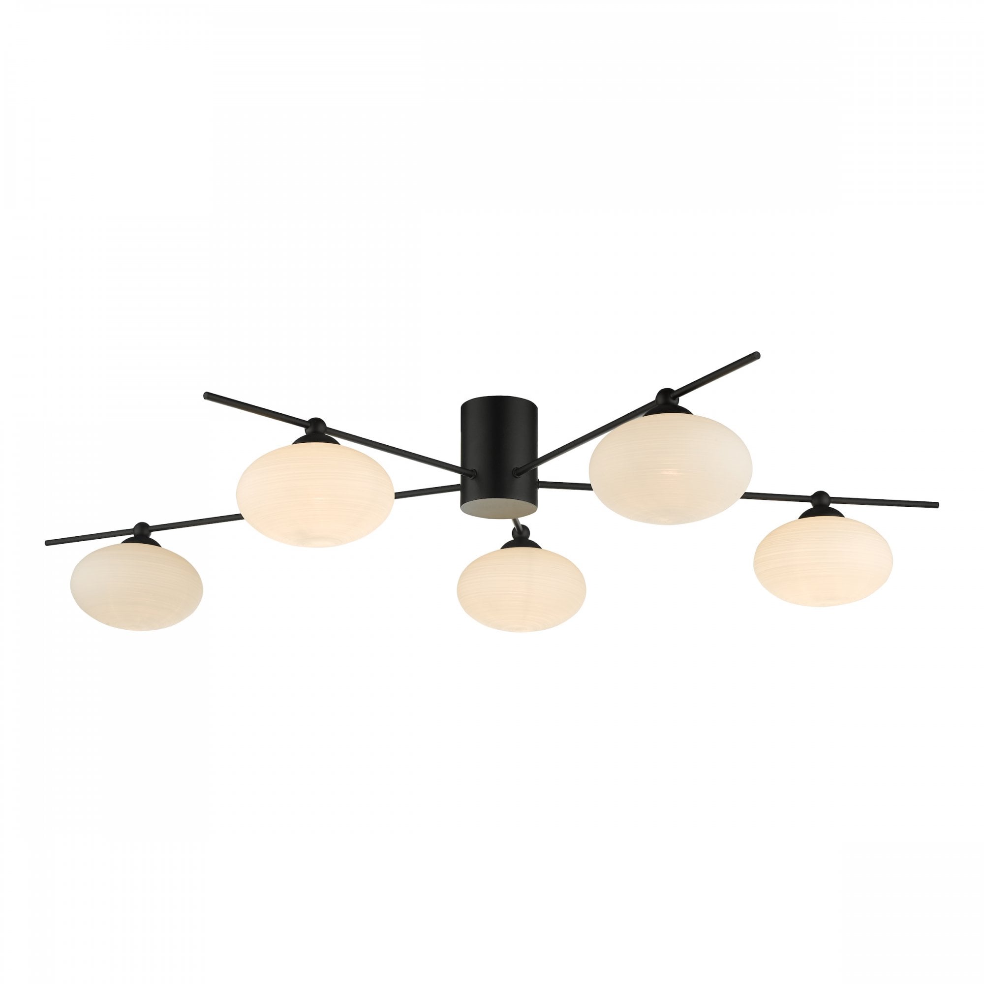 Black and white modern ceiling light with five orb-shaped diffusers.