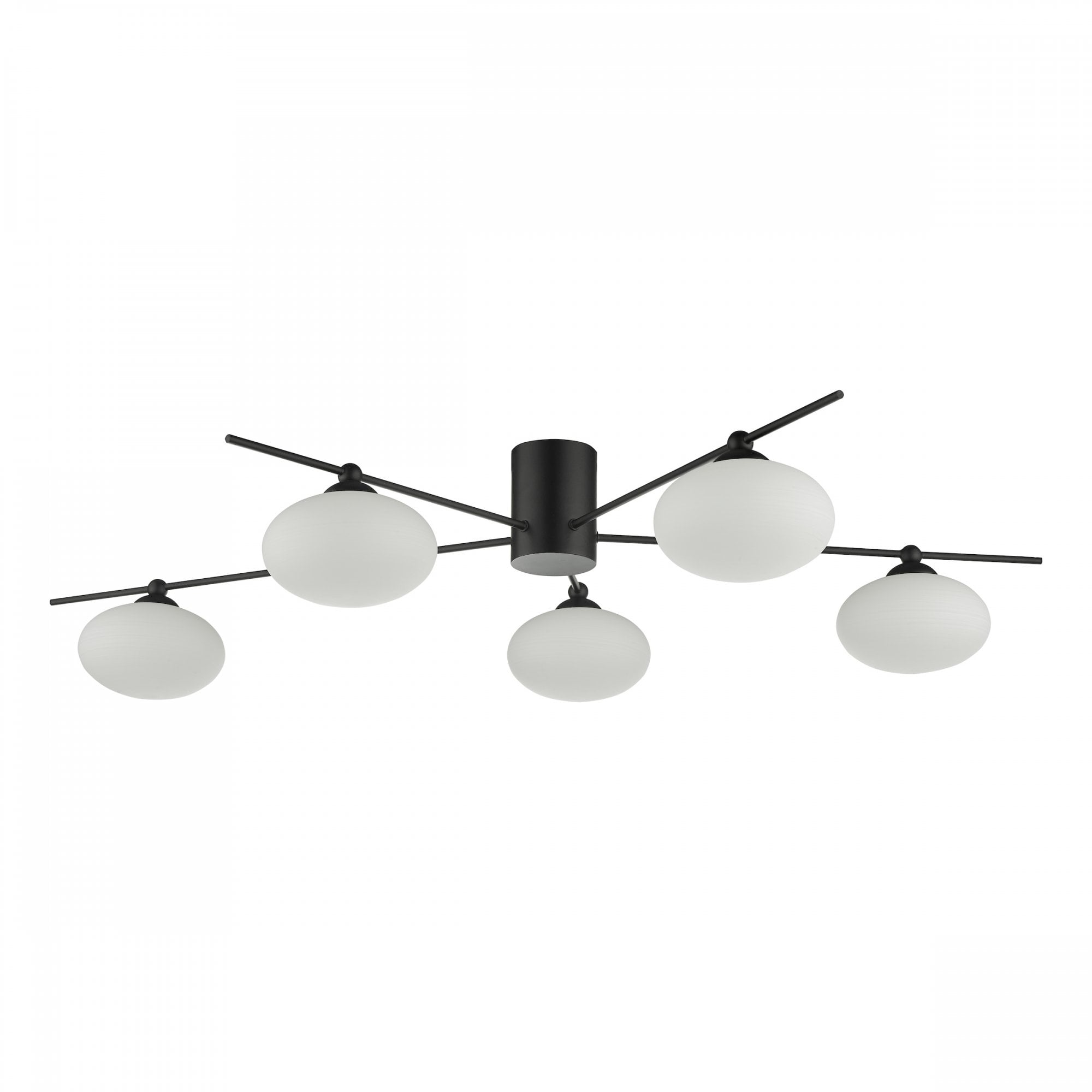 Black and white modern ceiling light with five orb-shaped diffusers.