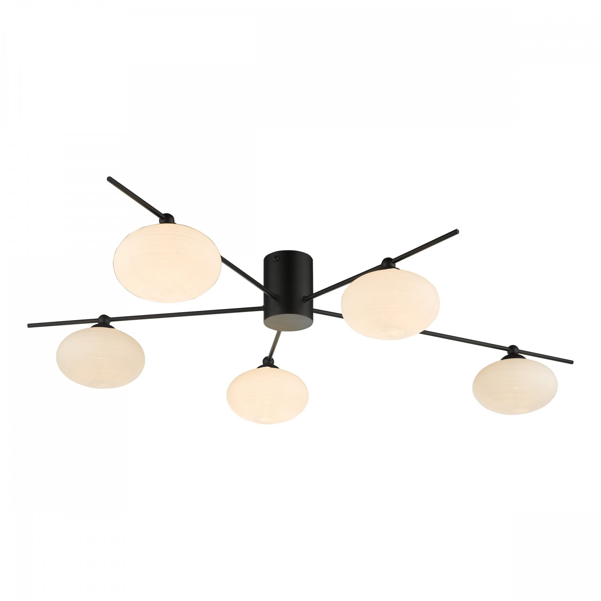 Black and white modern ceiling light with five orb-shaped diffusers.