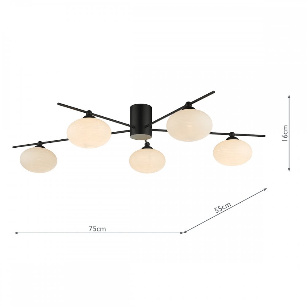 Dimensions of a black and white modern ceiling light with five orb-shaped diffusers.