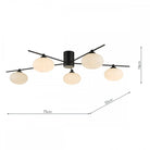 Dimensions of a black and white modern ceiling light with five orb-shaped diffusers.
