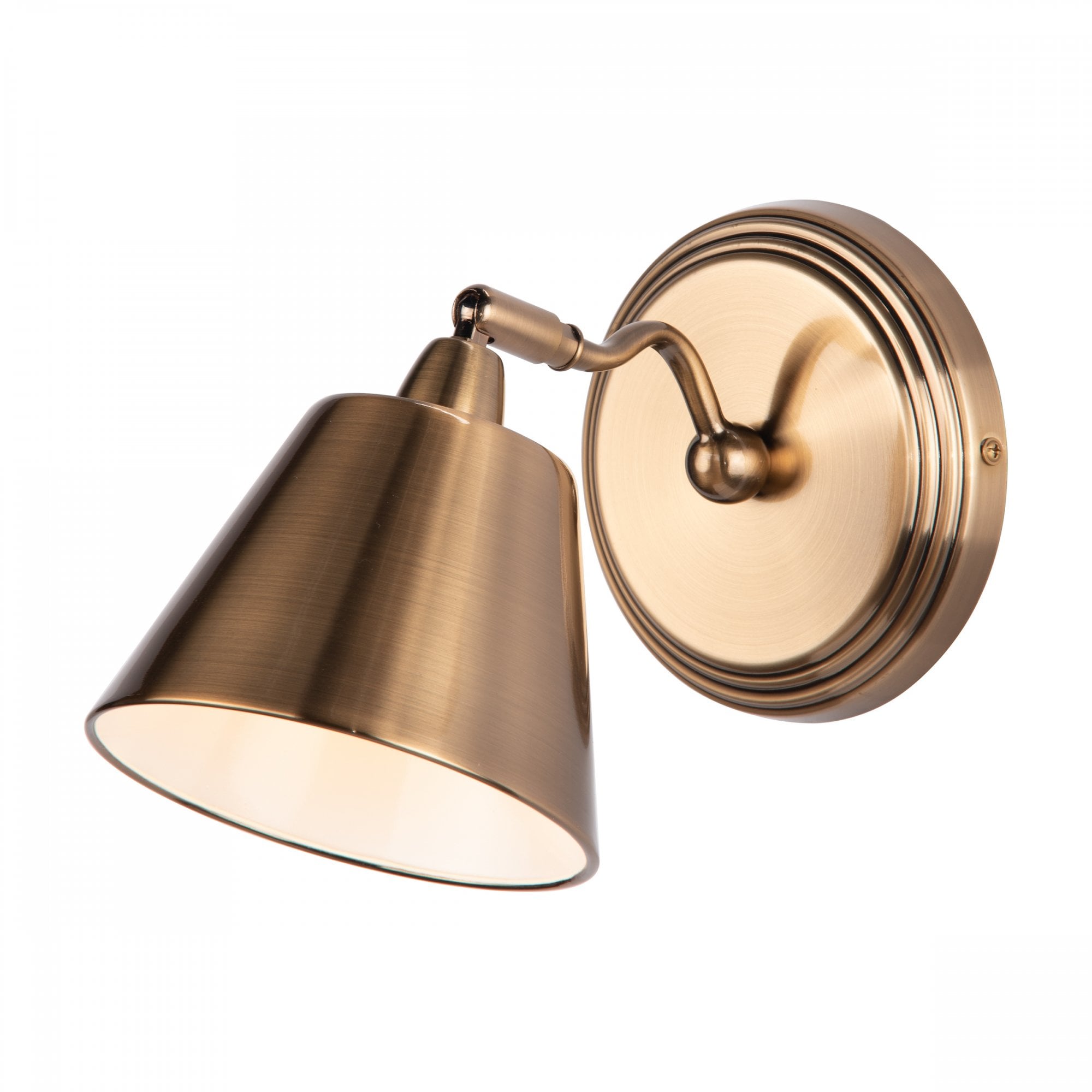 A close-up view of the adjustable wall light. The light is on and facing downwards.