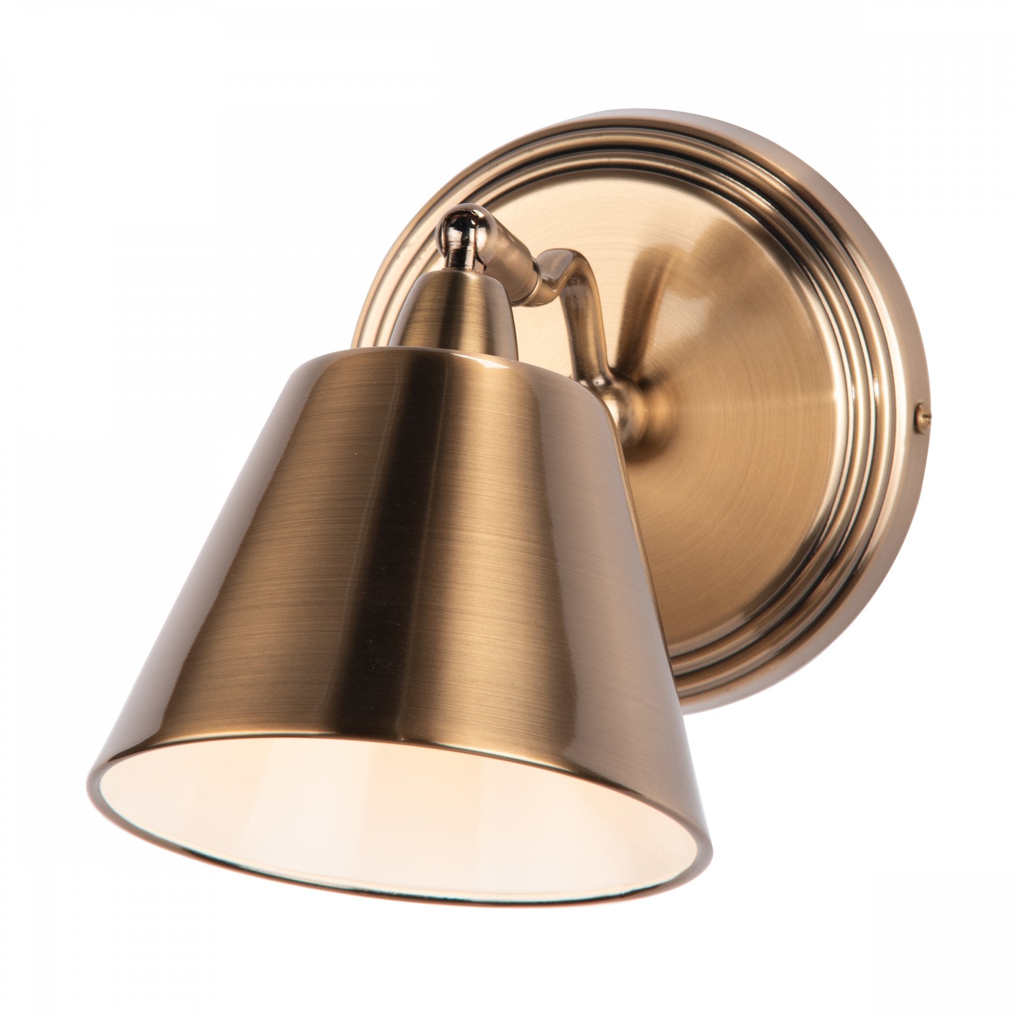 A close-up view of the adjustable wall light. The light is on and facing downwards.