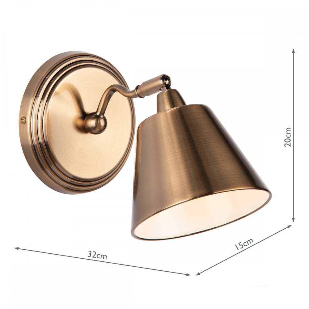 A close-up view of the adjustable wall light with dimensions. The light is on and facing downwards.