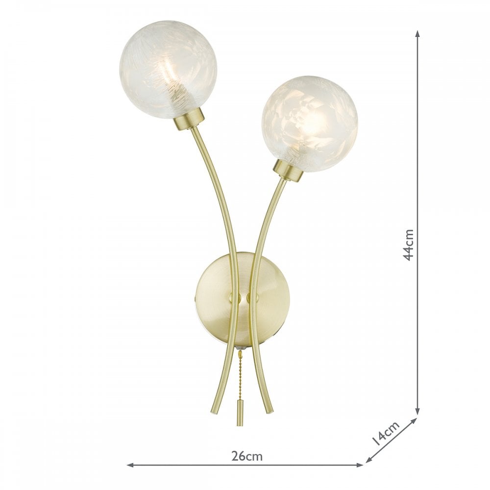 A modern double wall light with two clear glass orb shades and a brass base, with dimensions.