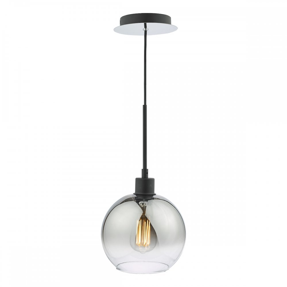 A modern smoked glass pendant light with a visible filament bulb.