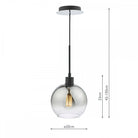 A smoked glass pendant light with dimensions indicated for size reference.