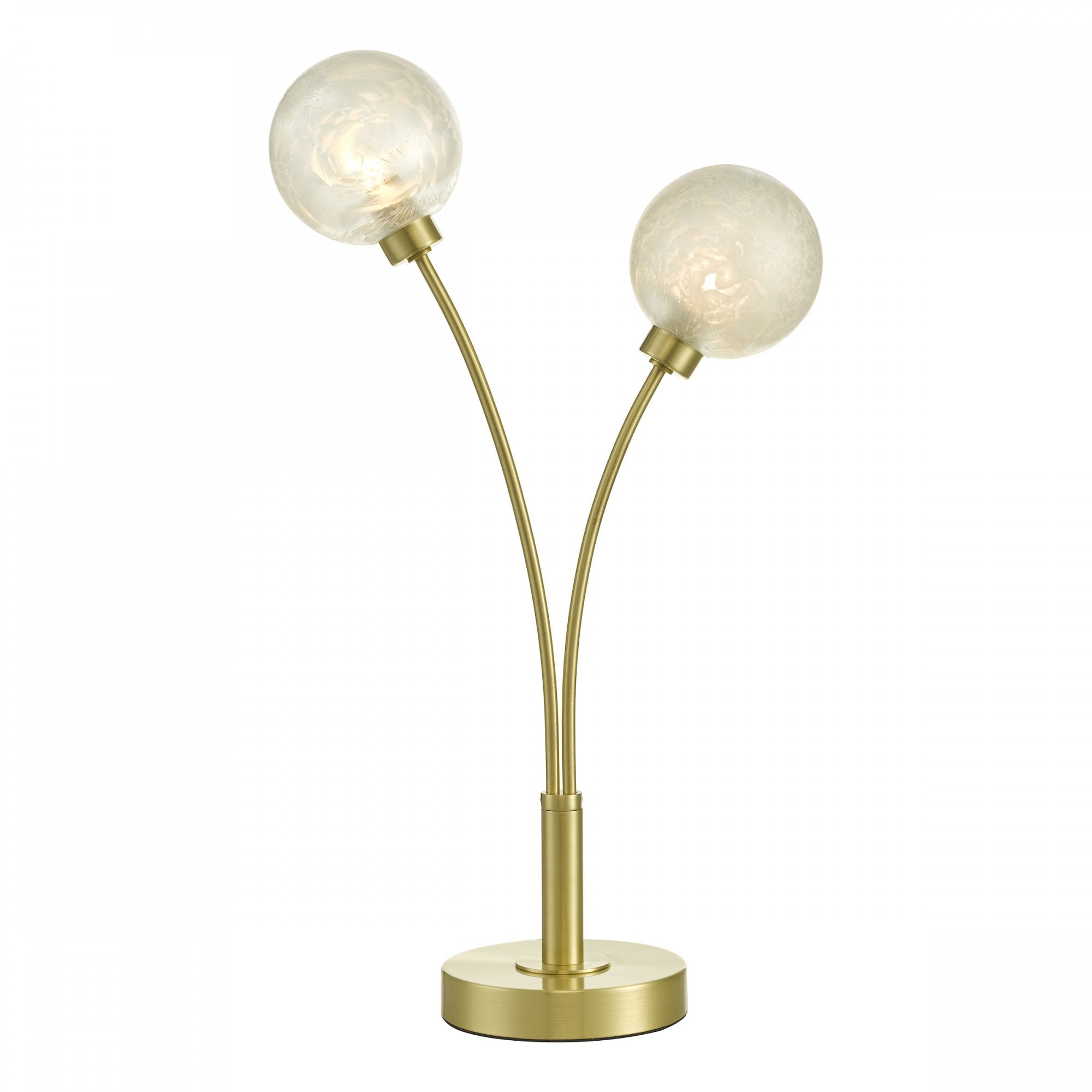 A modern two-bulb table lamp with spherical shades and a brushed brass finish.
