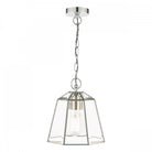 Polished nickel pendant light with clear glass shade and exposed bulb.