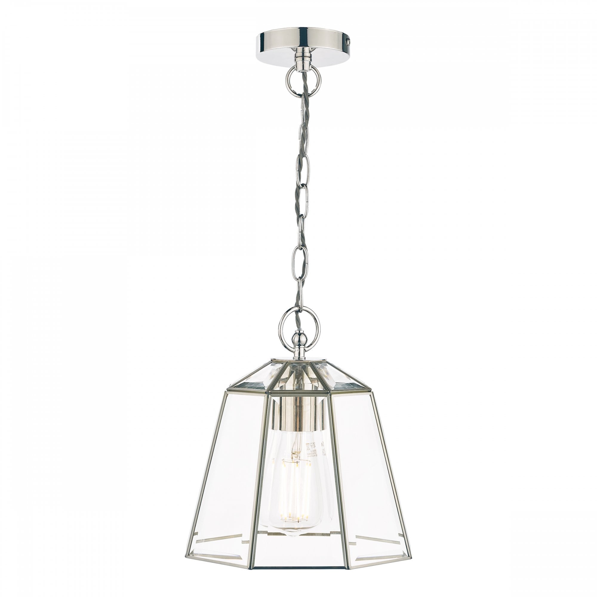 Polished nickel pendant light with clear glass shade and exposed bulb.