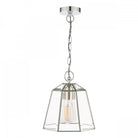Polished nickel pendant light with clear glass shade, exposed bulb, on white background.