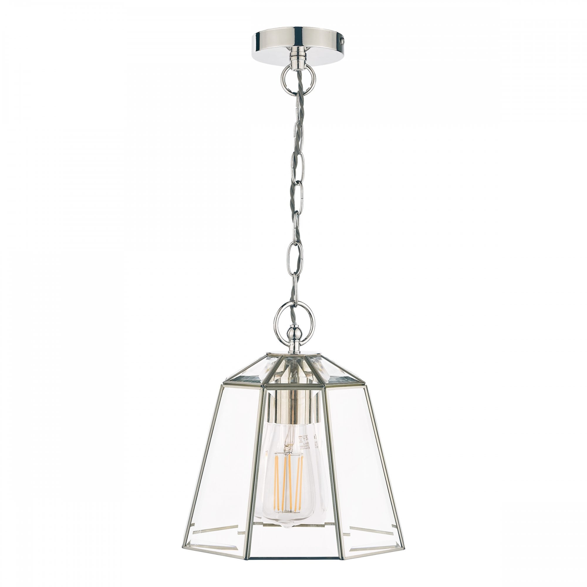 Polished nickel pendant light with clear glass shade, exposed bulb, on white background.