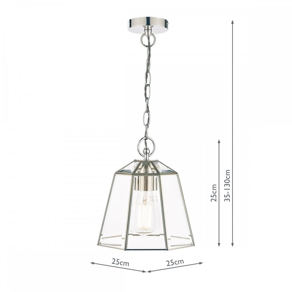 Dimensions of the polished nickel pendant light with clear glass shade.