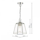 Dimensions of the polished nickel pendant light with clear glass shade.