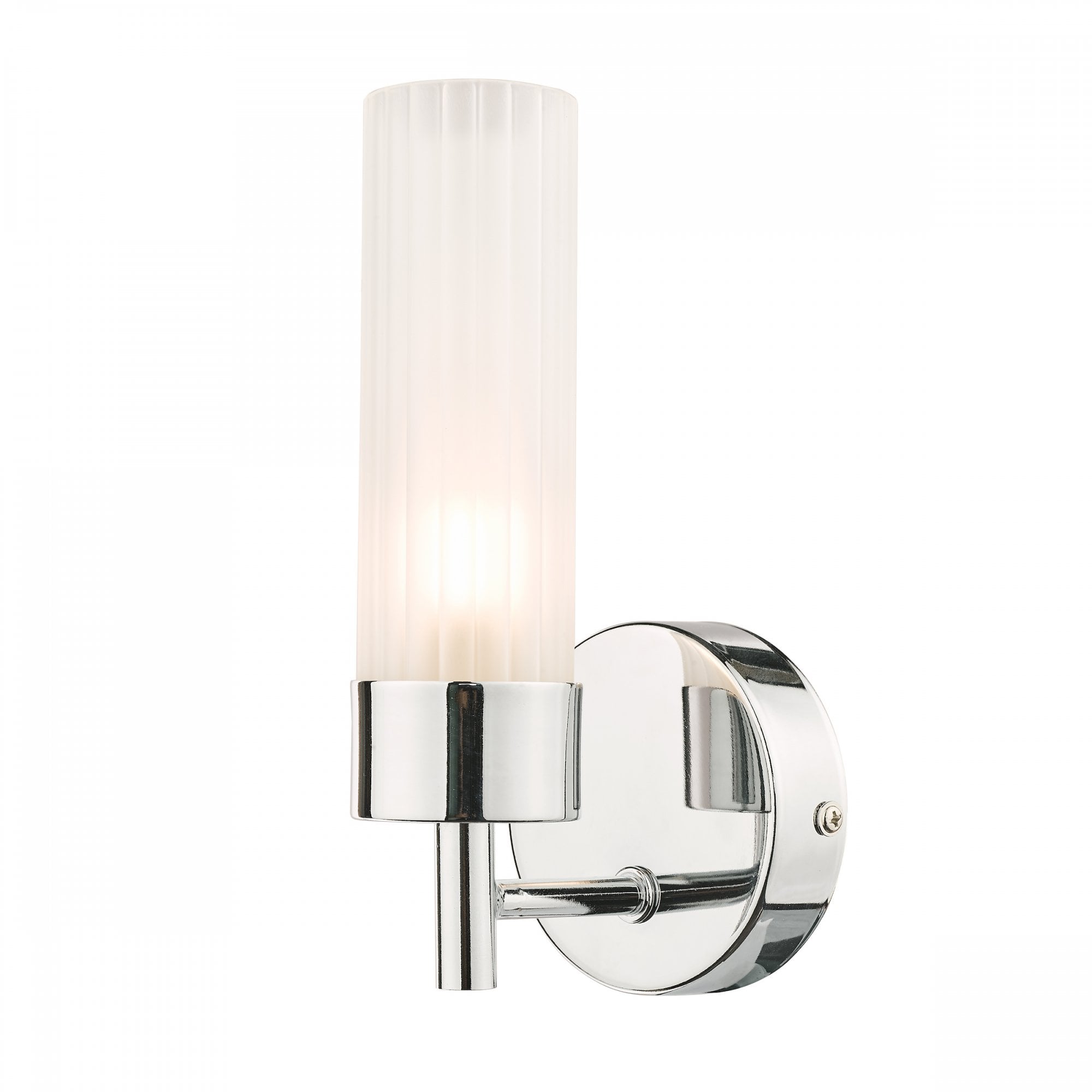 A close-up of a single chrome wall light with a frosted fluted glass shade.