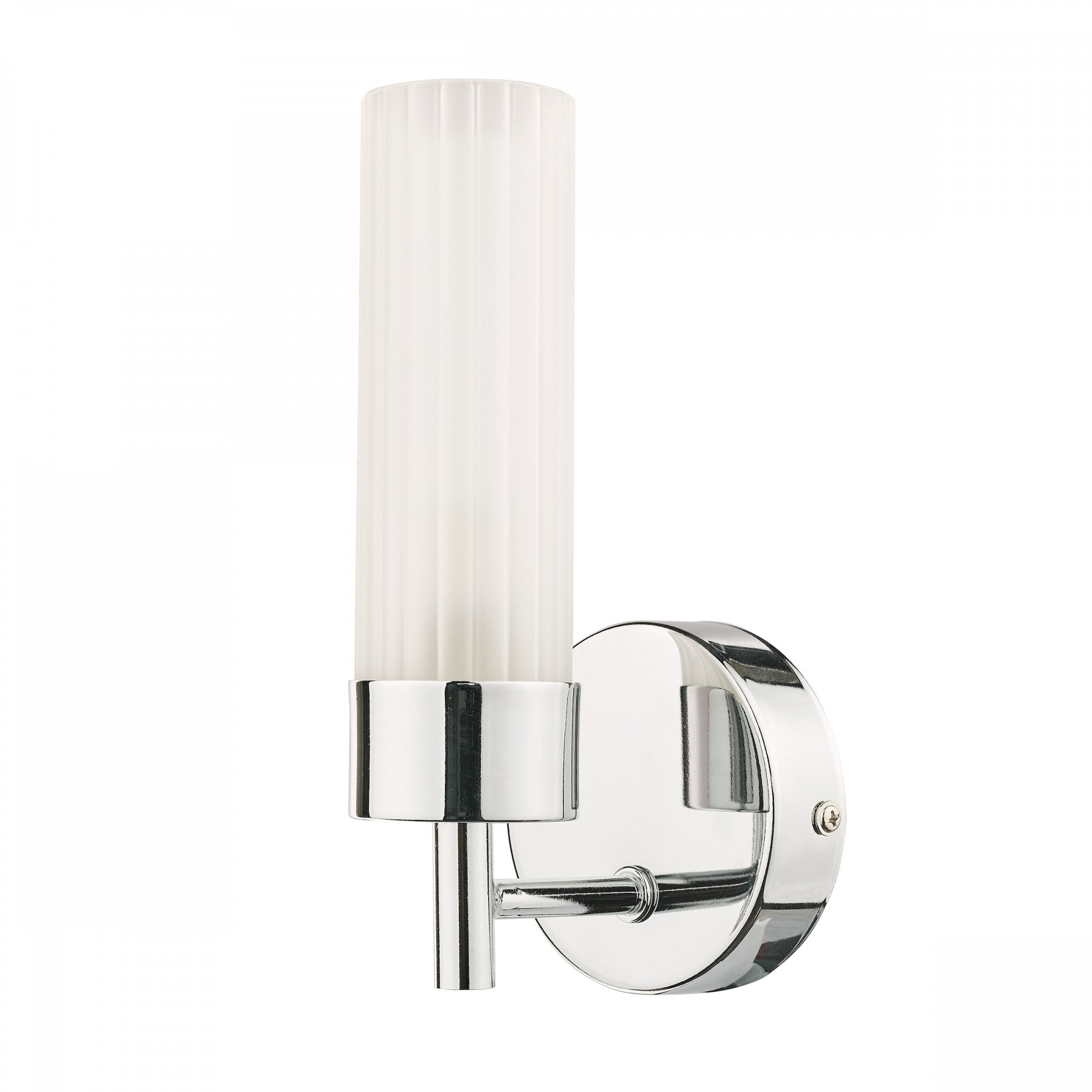 A modern chrome wall light with a cylindrical, frosted fluted glass shade.