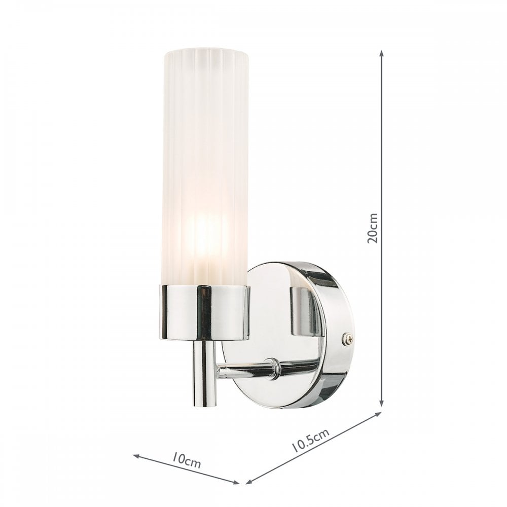 A chrome wall light with a frosted fluted glass shade, dimensions 20cm x 10.5cm x 10cm.