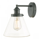 Vintage outdoor wall light with a black fixture and clear conical glass shade against white.