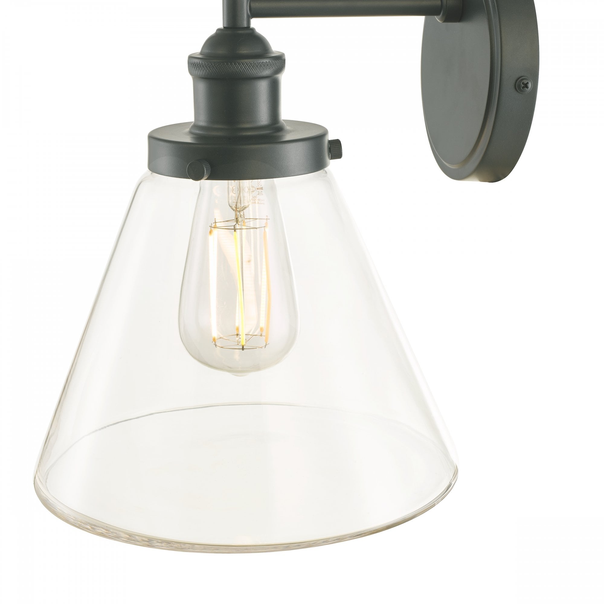 Close-up of the vintage outdoor wall light with a black fixture and clear glass shade.