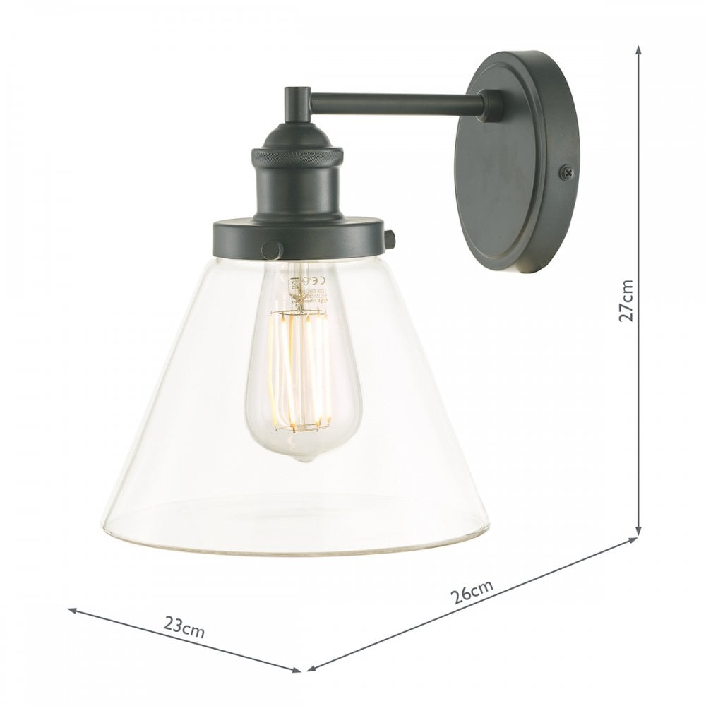 Vintage outdoor wall light with dimensions: height 27cm, width 26cm, and depth 23cm.