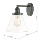 Vintage outdoor wall light with dimensions: height 27cm, width 26cm, and depth 23cm.