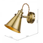An industrial brass cone wall light with dimensions of 11.5cm, 19cm, and 15.5cm.