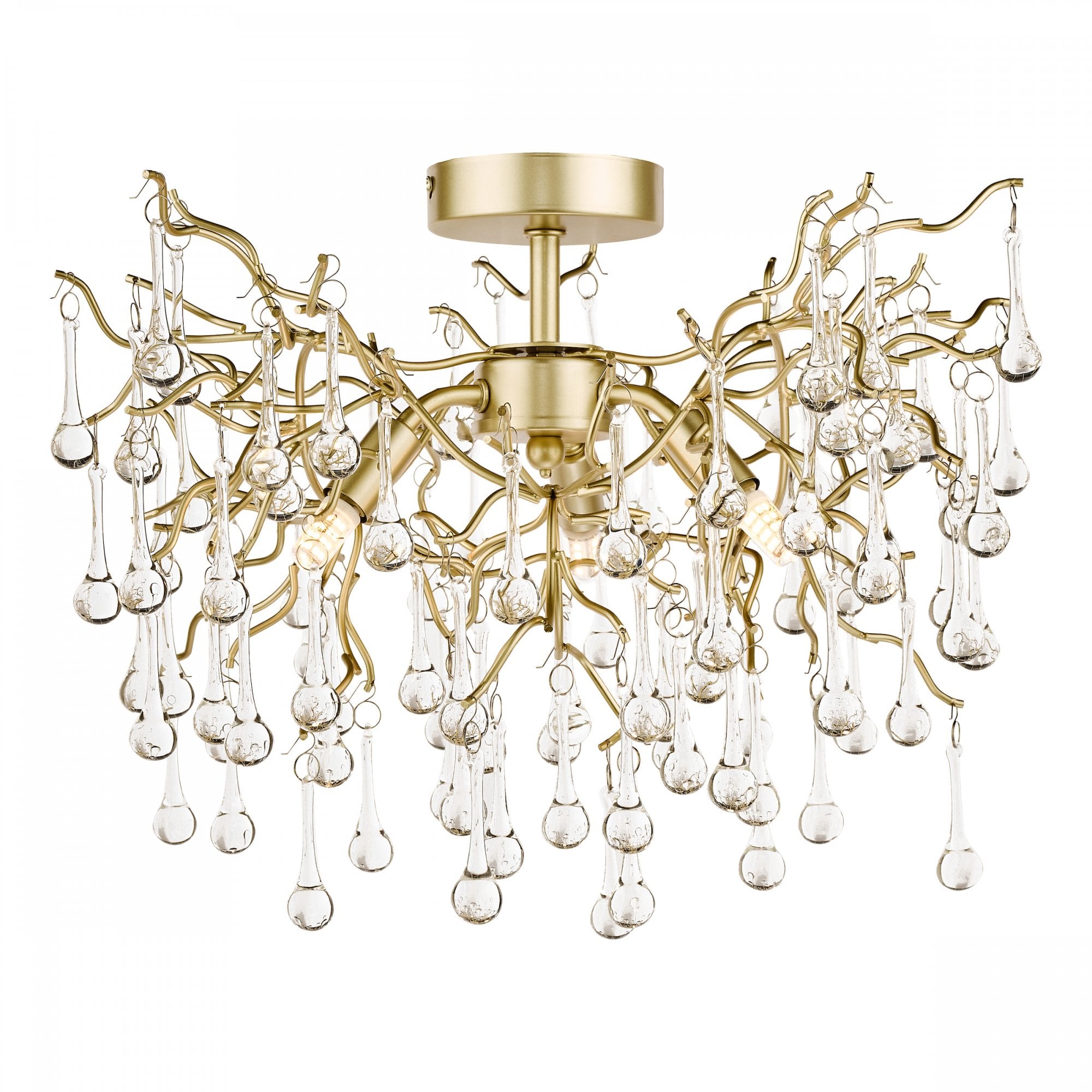 A decorative gold chandelier featuring numerous glass teardrop-shaped ornaments.