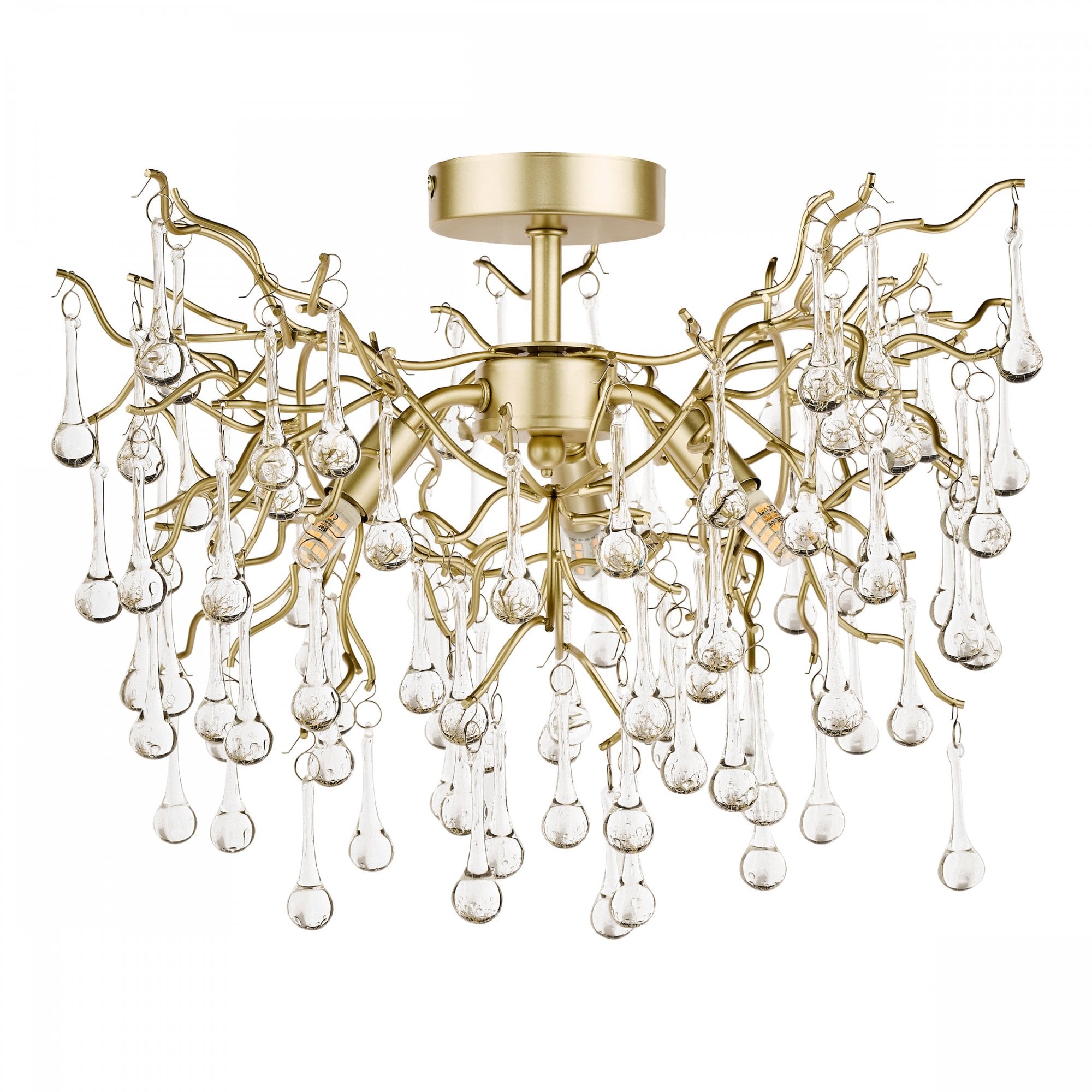 A gold semi-flush ceiling light with clear glass droplets, designed in a branch-like style.