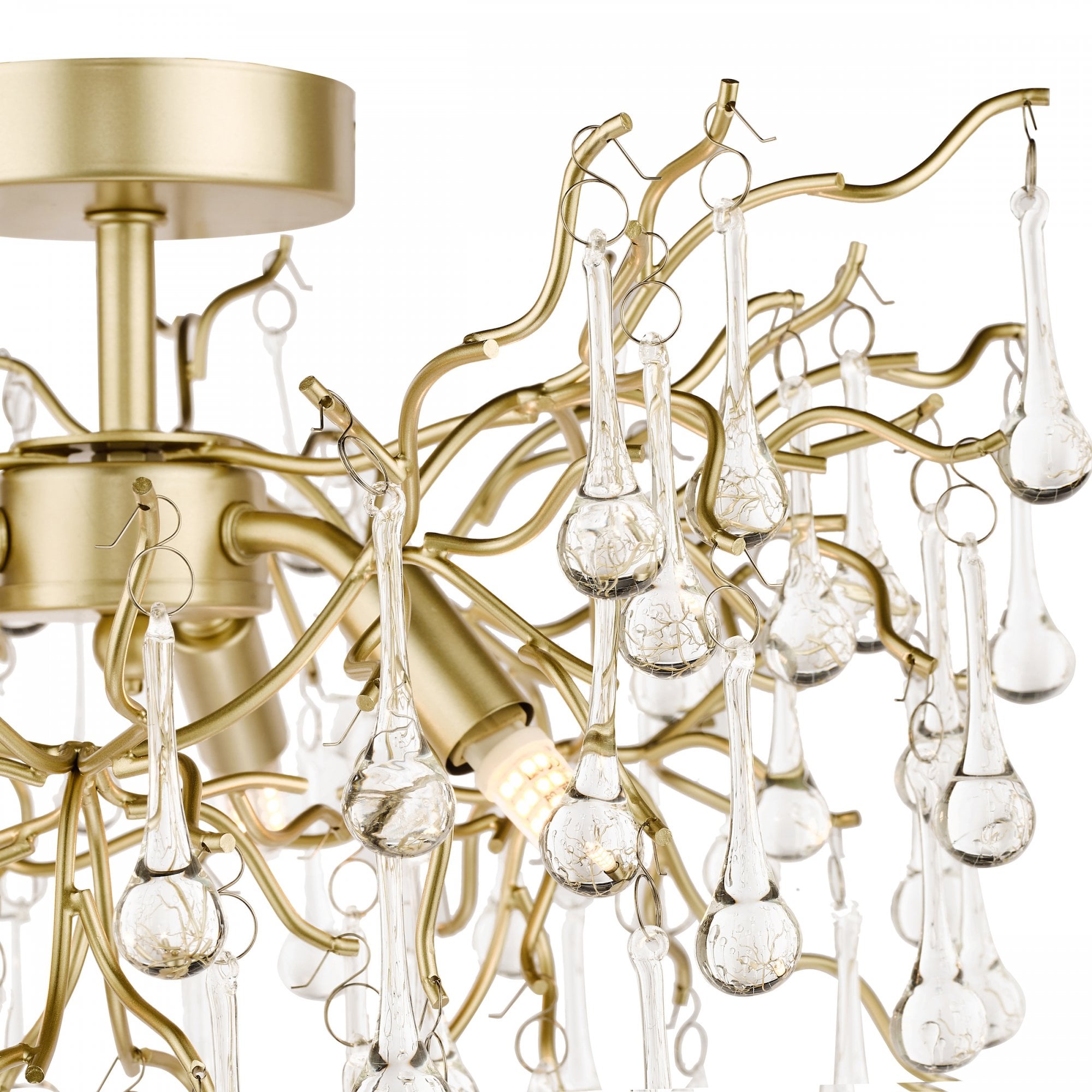 A detailed close-up of the gold-finished chandelier with sparkling glass droplets.
