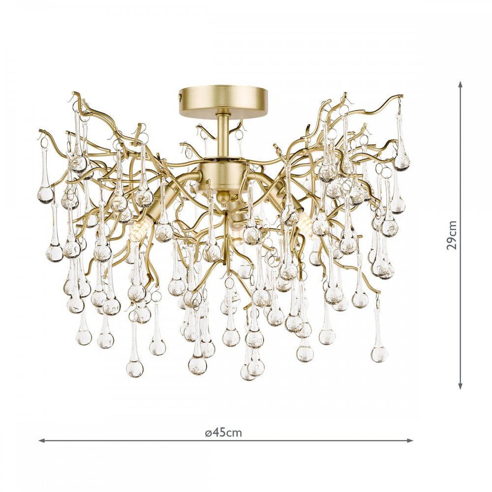 A gold semi-flush ceiling light with clear glass droplets shown with dimensions of 45cm by 29cm.