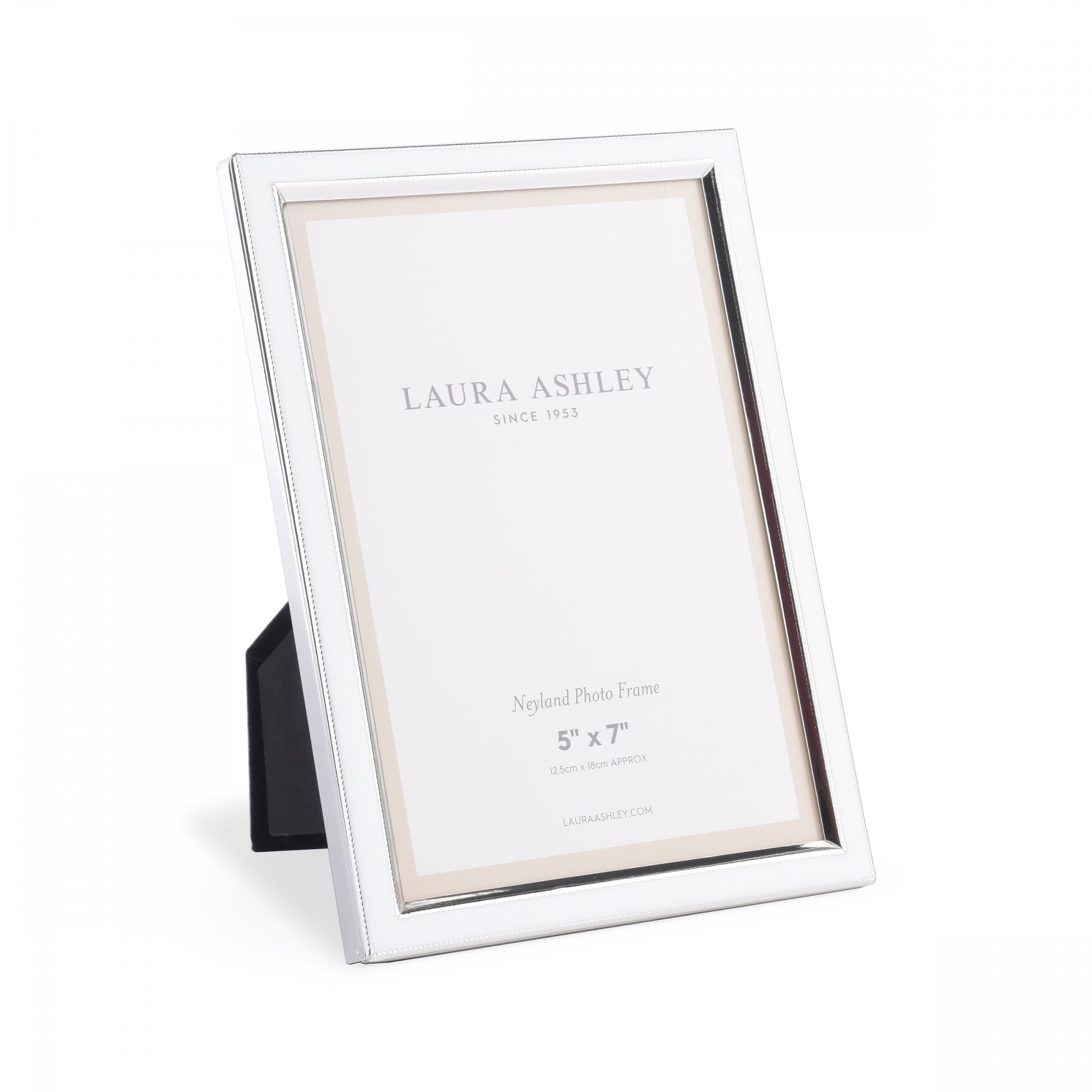 A shiny silver Laura Ashley Neyland 5" x 7" photo frame on a white background.
