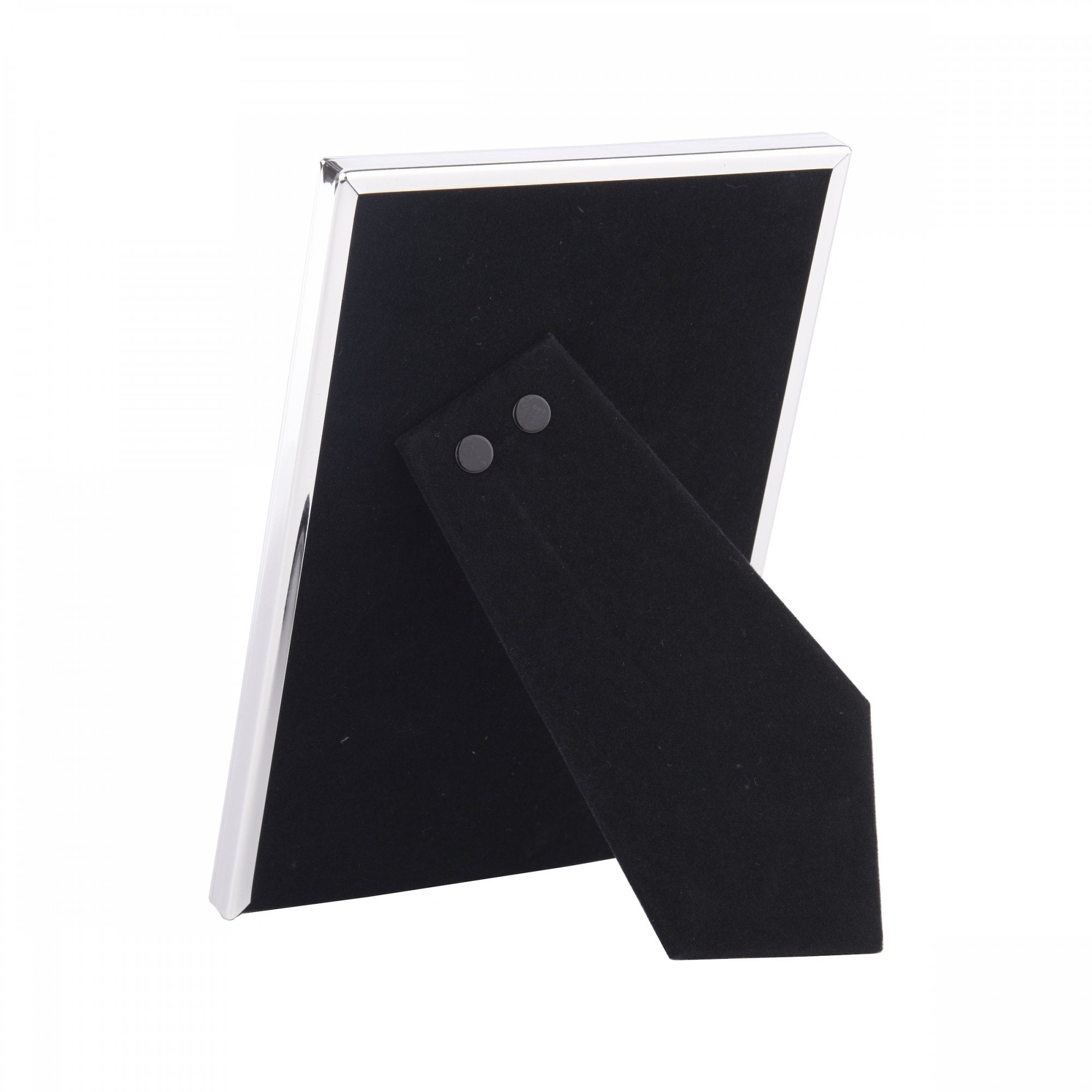 The back of a shiny silver photo frame showing a black velvet stand on white background.