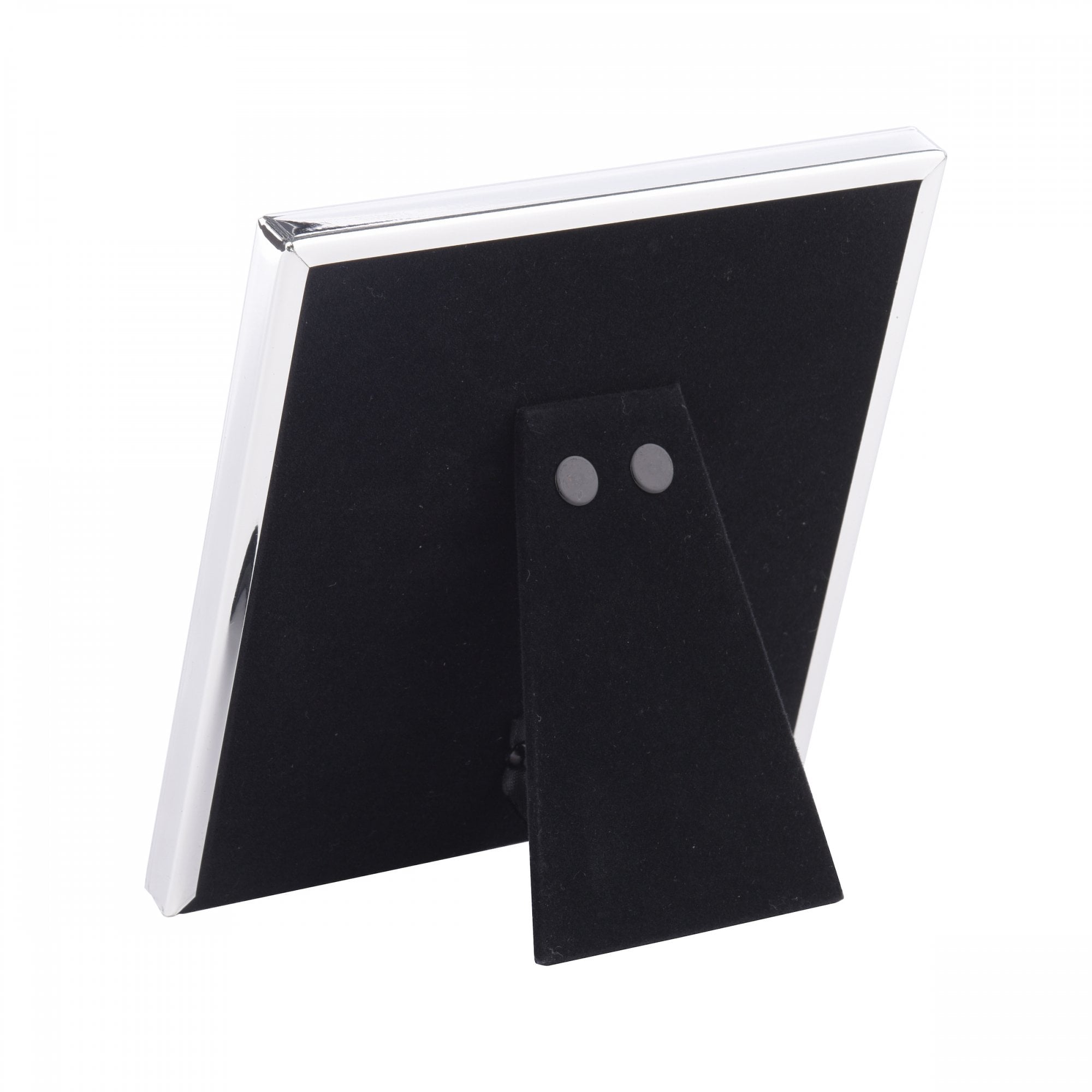 Rear view of a white photo frame showing its black felt stand.