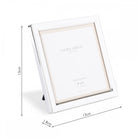 A white photo frame with dimensions 13cm x 13cm x 1.8cm, with a stand.