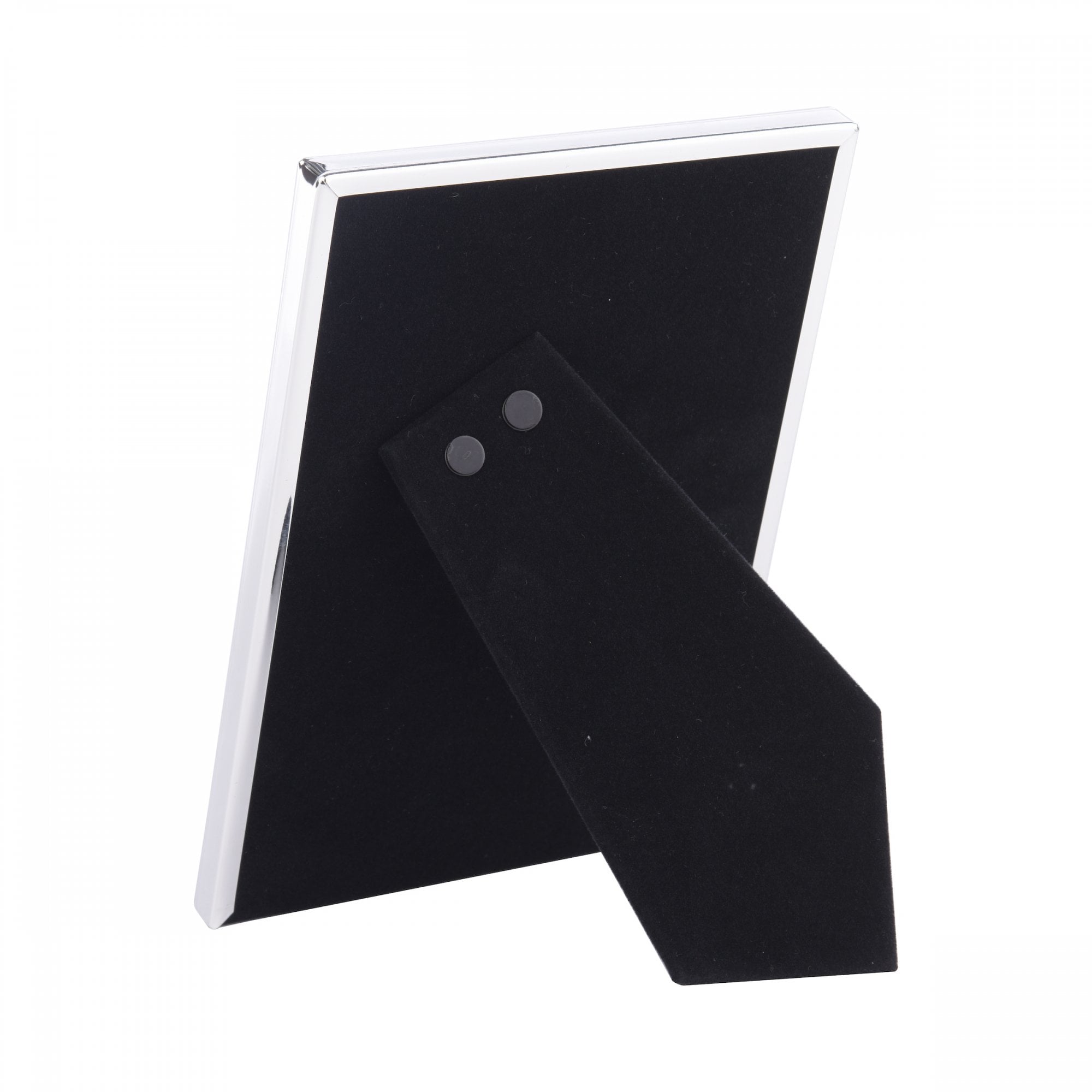Rear view of a silver photo frame, showcasing the black velvet backing and stand.