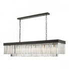 A rectangular chandelier with a black frame and multiple tiers of clear crystal rods.