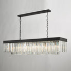 A black rectangular chandelier with two tiers of clear crystal rods.