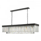 A rectangular chandelier with a black frame and two tiers of clear crystal rods.
