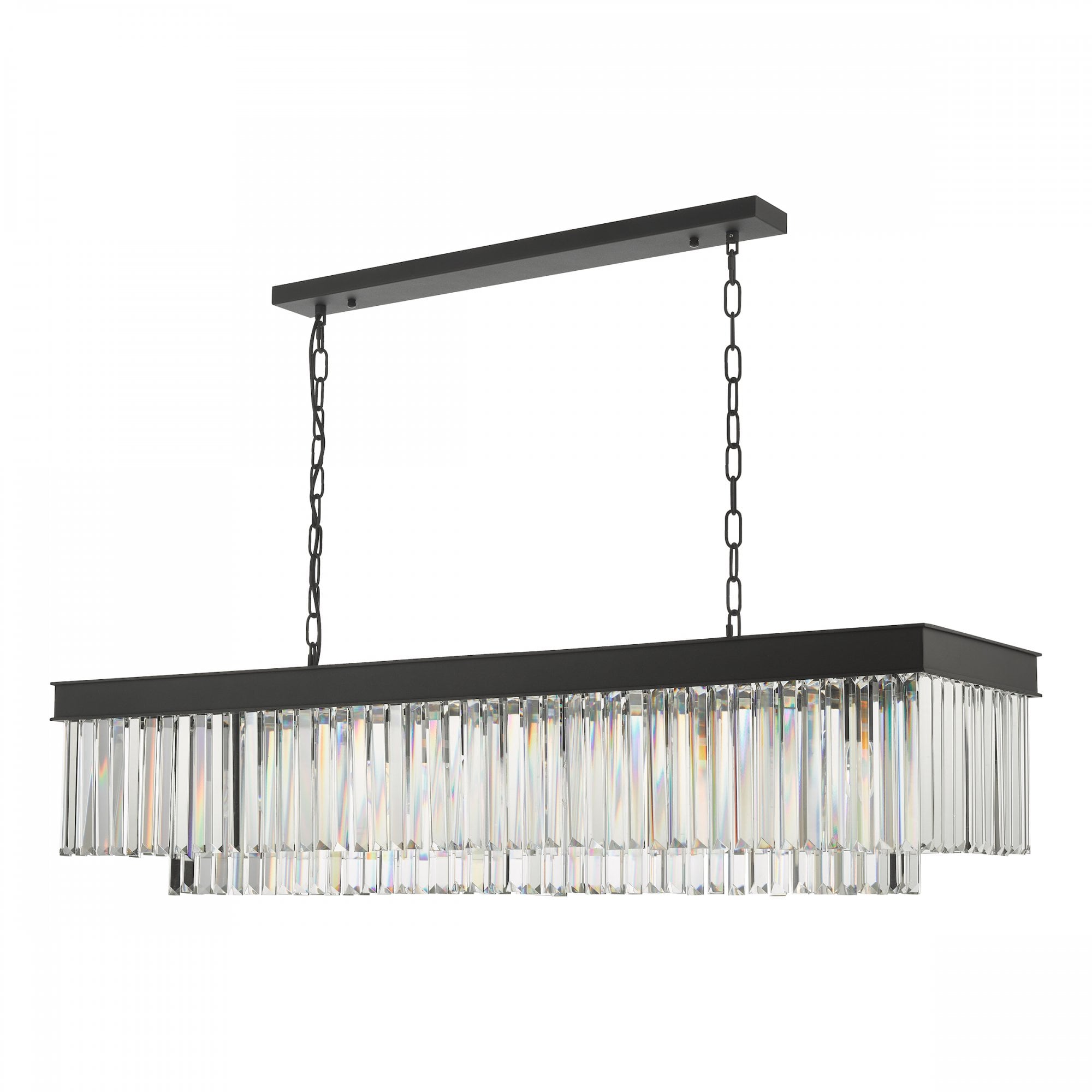 A rectangular chandelier with a black frame and two tiers of clear crystal rods.