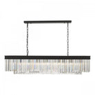 A long rectangular chandelier with a black frame and two tiers of clear crystal rods.
