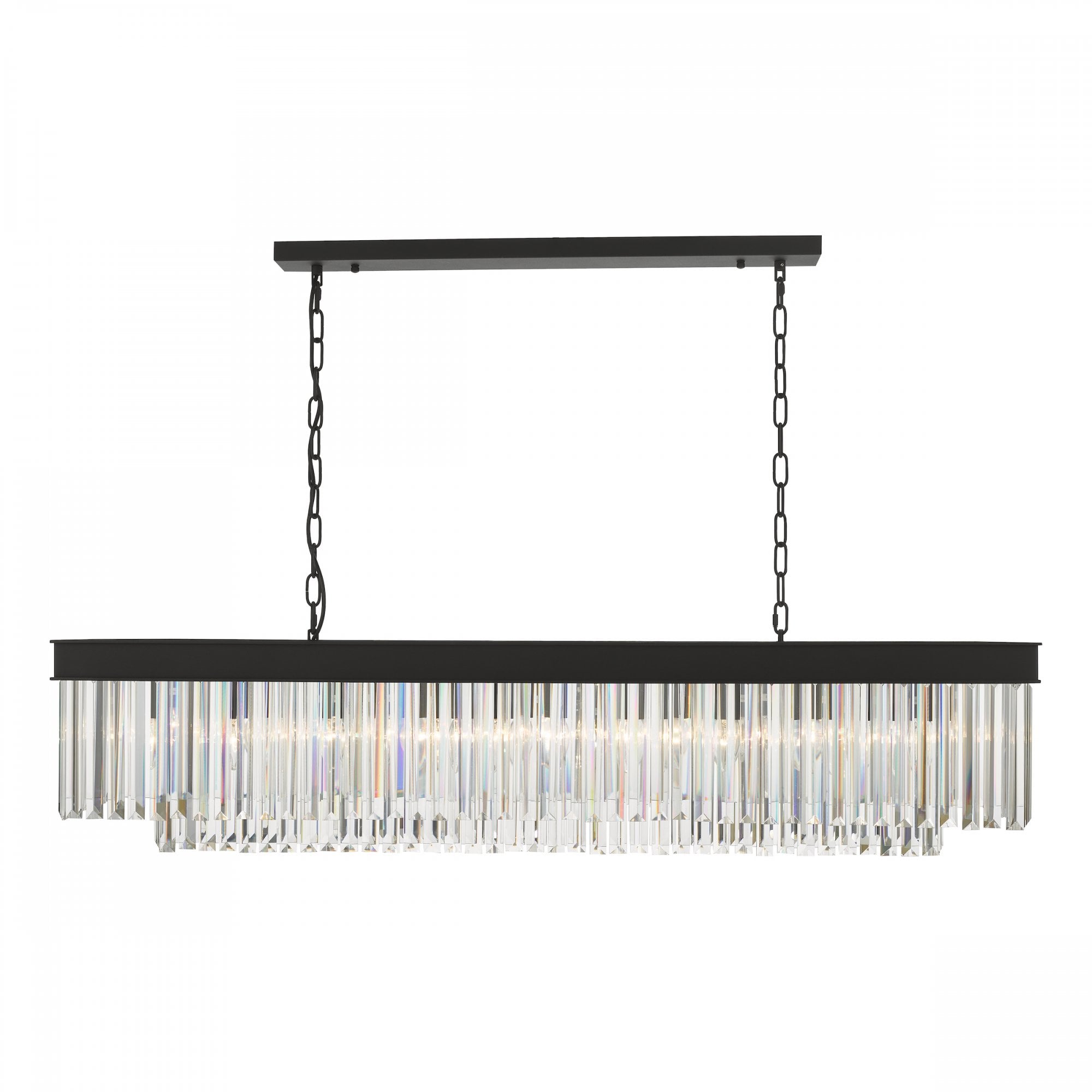 A long rectangular chandelier with a black frame and two tiers of clear crystal rods.