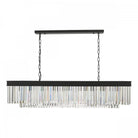 A rectangular chandelier with a black frame and two tiers of clear crystal rods.