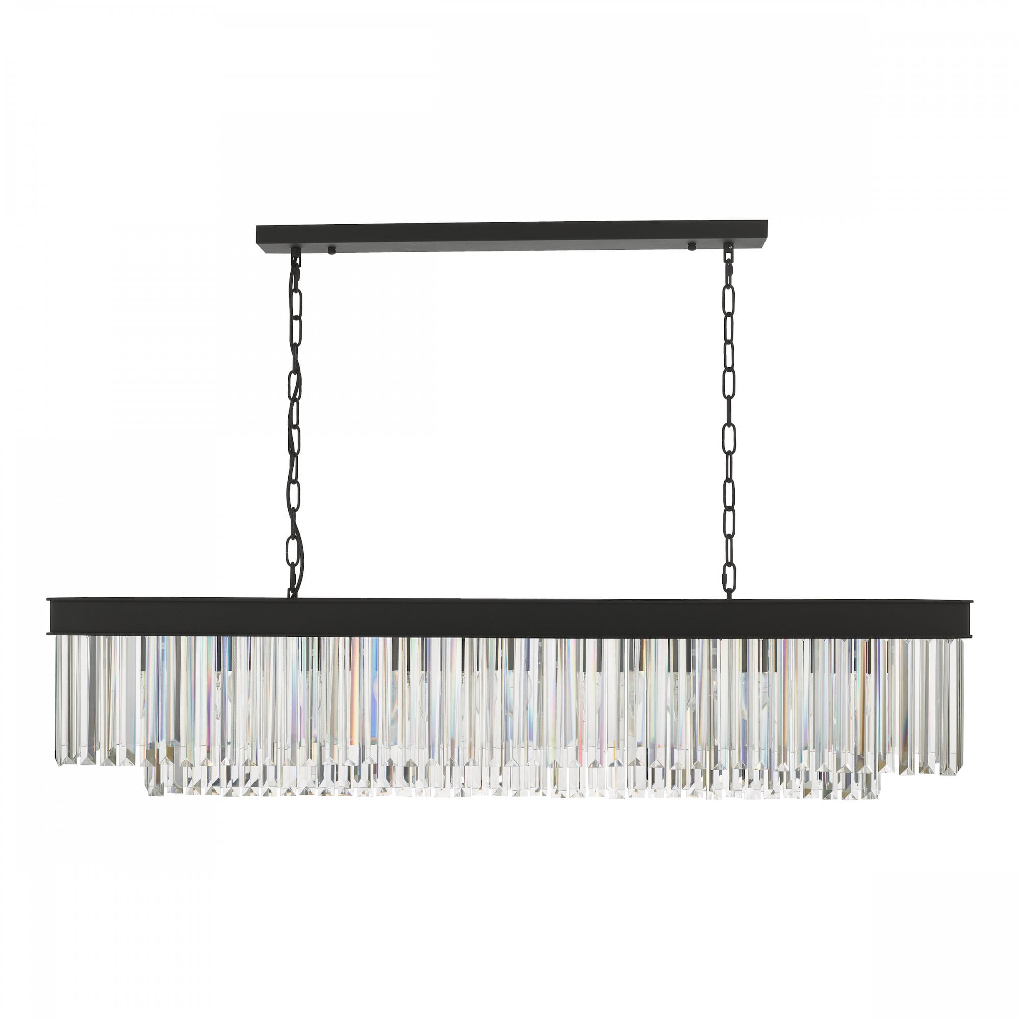 A rectangular chandelier with a black frame and two tiers of clear crystal rods.